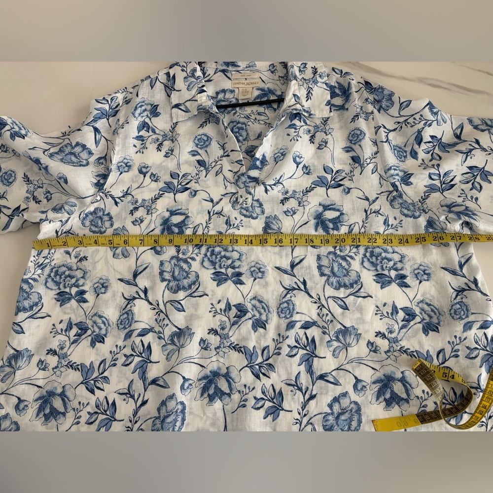 Cynthia Rowley Blue and White Floral Button Down Linen Shirt 3XL - Picture 6 of 7